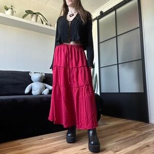 Red Tiered Ruffle Summer Maxi Skirt